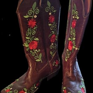 Sergal Cowgirl Boots Size 7 Embroidered Floral Heeled Boots - Brown and Red